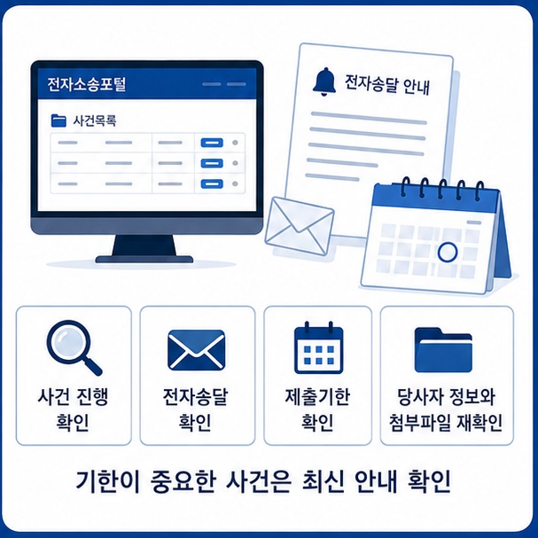 진행 중인 전자소송 사건과 전자송달 문서, 제출기한을 확인하고 당사자 정보와 첨부파일을 다시 점검하는 모습을 보여 주는 그림