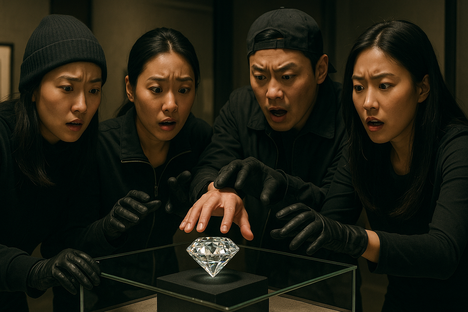 남자2명, 여자 2명이 다이아몬드를 훔치는 모습