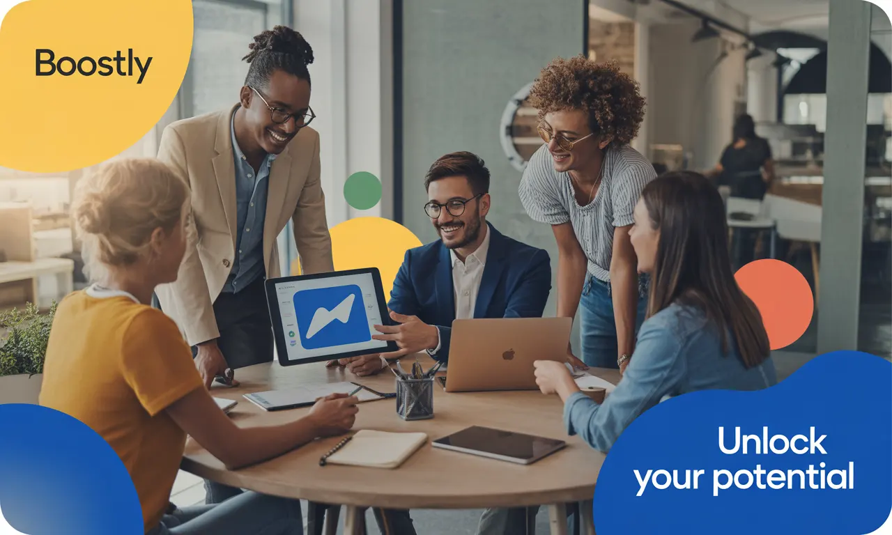 사무 테이블에서 의논 중인 5명의 직원 표현