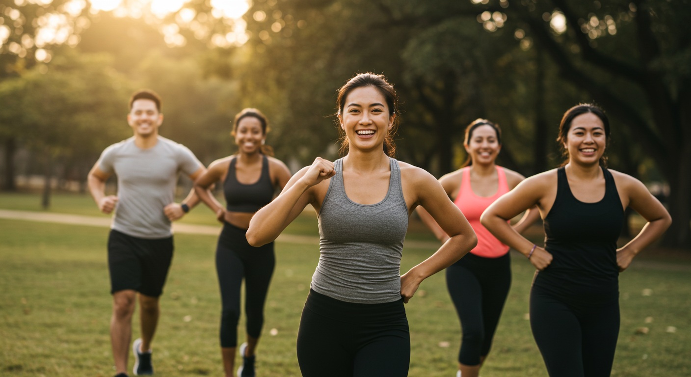 함께 운동하며 즐거워하는 다양한 사람들