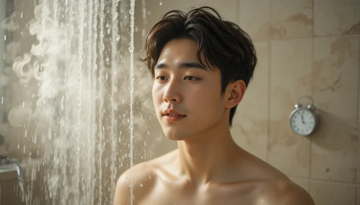 따뜻한 물로 샤워를 하고 있는 남성