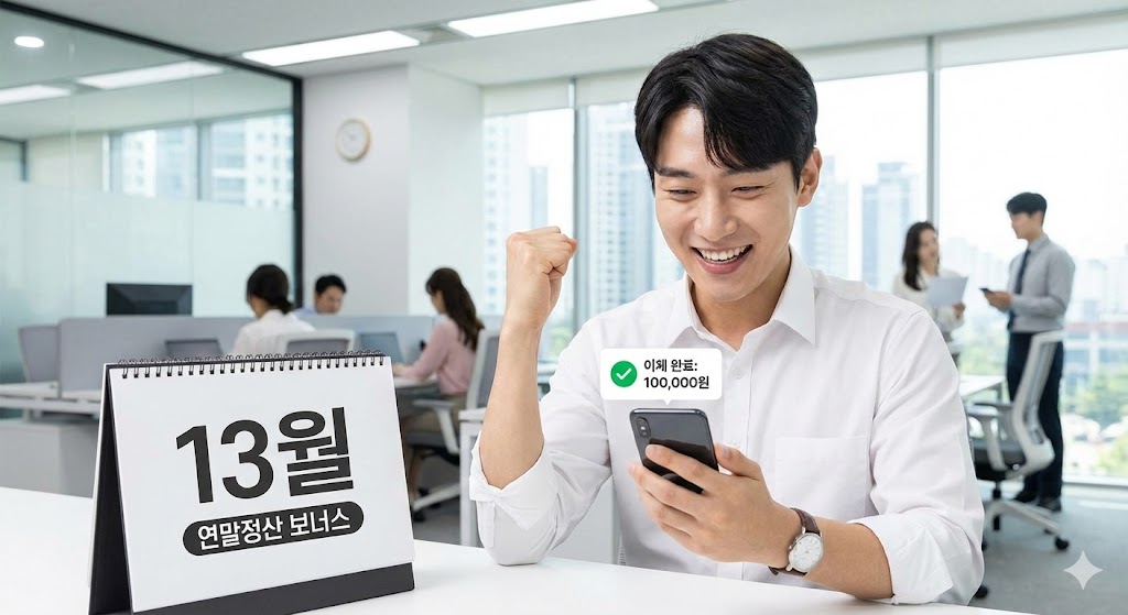 스마트폰으로 연금 계좌 이체를 완료하고 '입금 완료' 메시지를 보며 환하게 웃는 직장인의 모습, 배경엔 13월의 달력이 보임