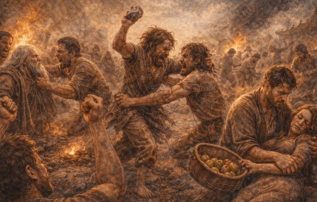 사람들이 각자 자기 방식대로 행동하면서 다툼과 혼란이 이어지고, 공동체가 쉽게 무너지는 모습을 담은 이미지입니다.