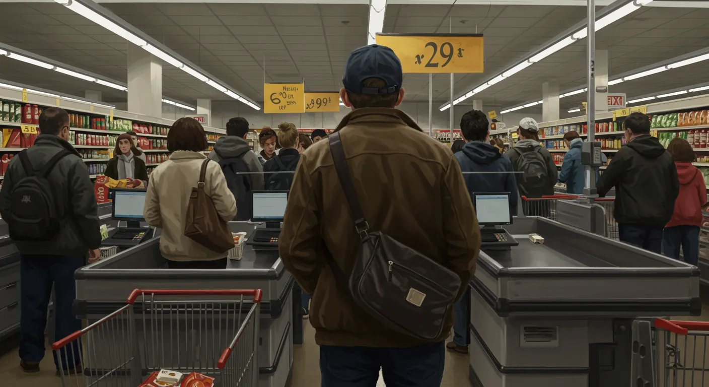 마트계산대에 계산을위해 기다리는 사람들이 많아 어느쪽줄에 서야 좋은지 고민하는 사람