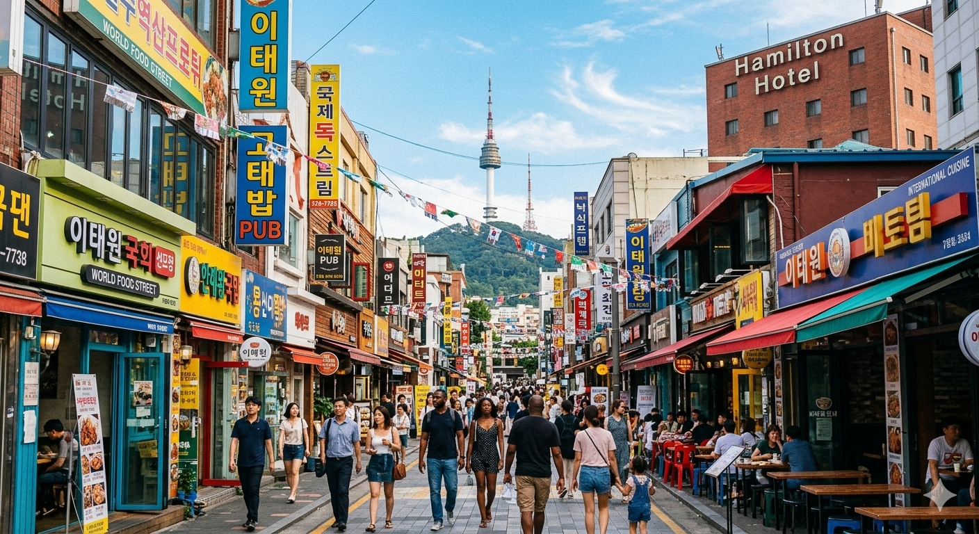 울 이태원 세계음식거리와 남산타워가 보이는 활기찬 풍경