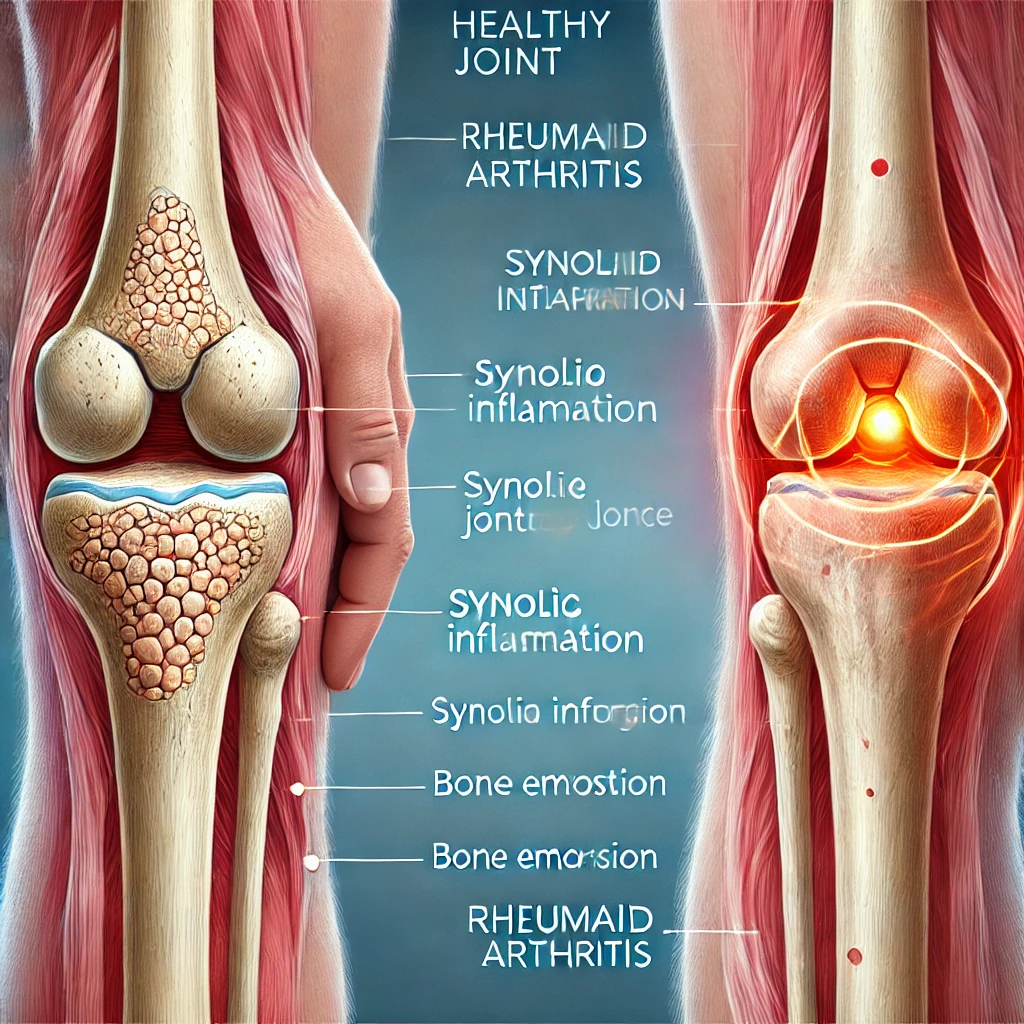 건강한 관절과 류마티스 관절염이 있는 관절의 차이를 보여주는 의료 일러스트