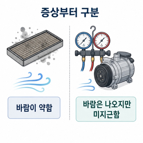 바람 자체가 약할 때 확인할 에어컨 필터와 바람은 강하지만 미지근할 때 살펴볼 냉방 계통을 비교한 이미지