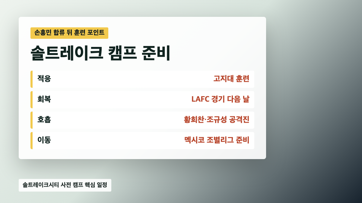 손흥민 솔트레이크시티 사전 캠프 고지대 적응 LAFC 경기 후 회복 공격진 호흡 멕시코 이동 준비 카드