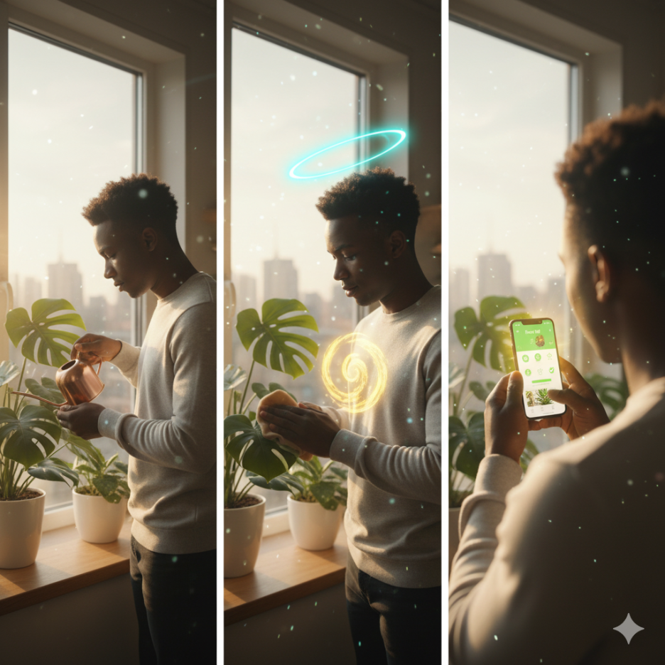 창가에 놓인 반려식물과 물을 주는 손, 잎사귀를 닦으며 힐링하는 여유로운 시간 (이미지 생성:google)