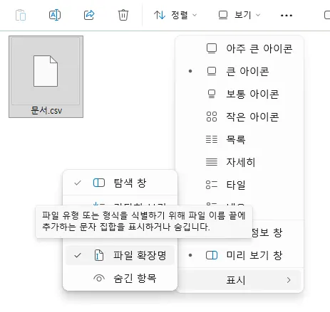 Windows 11 파일 탐색기 보기 메뉴에서 파일 이름 확장명 표시를 선택한 화면