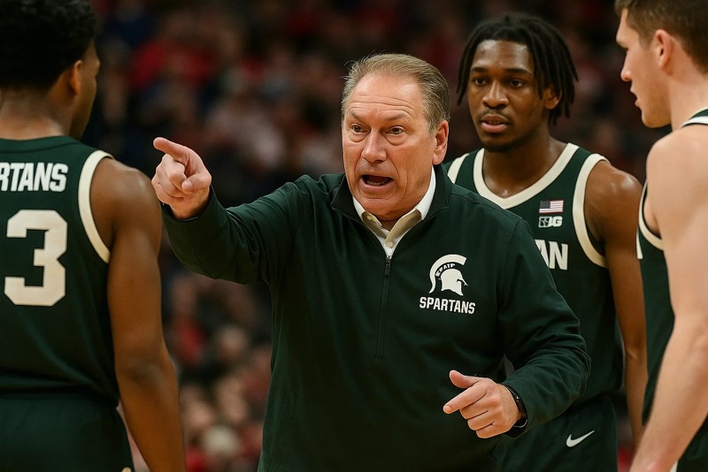 미시간 스파르탄스의 톰 이조 감독이 시합 중에 선수들에게 작전을 지시하는 모습