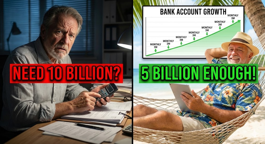 은퇴자가 여유롭게 여행을 즐기는 모습과 함께, 통장 잔고 그래프가 돈을 쓰는데도 우상향하는 마법 같은 그래프 이미지