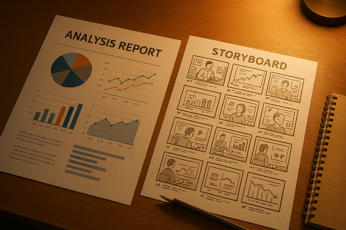 분석 자료와 스토리보드가 함께 놓인 작업 공간 이미지