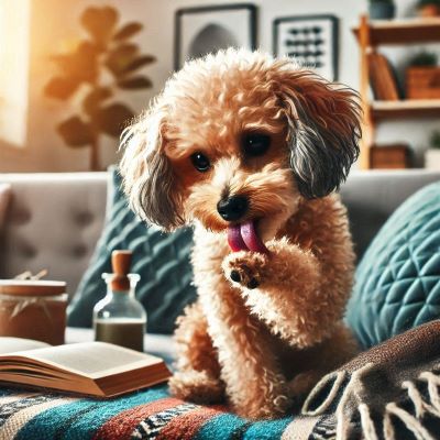 거실에서 작은 푸들 반려견이 알러지 피부염으로 발을 핥고 있다.