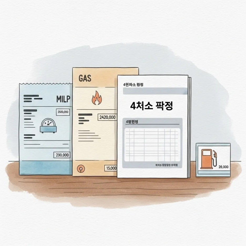 전기, 가스 요금 고지서와 주유 영수증 그림