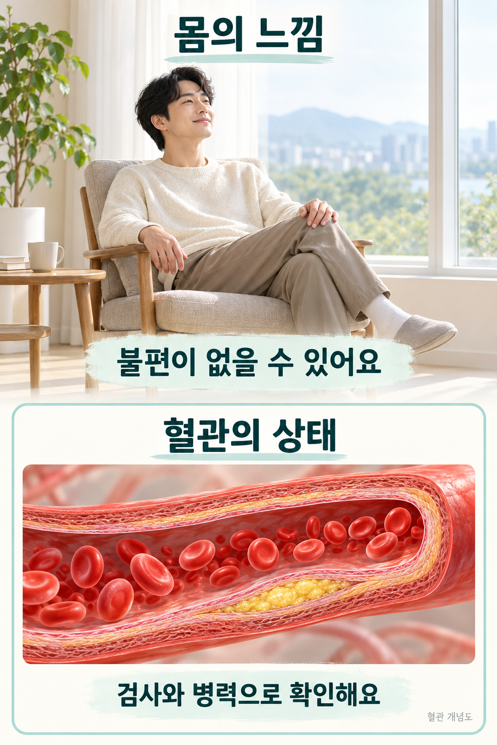 무증상 상태와 동맥벽 지질 축적을 나란히 설명한 개념 그림