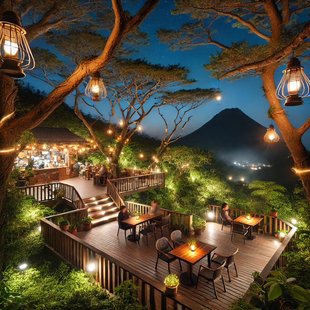 제주도의 산속에 위치한 야간 카페, 나무 데크와 나뭇가지에 매달린 등불, 멀리 별이 빛나는 하늘 아래 조용한 자연을 즐기는 손님들