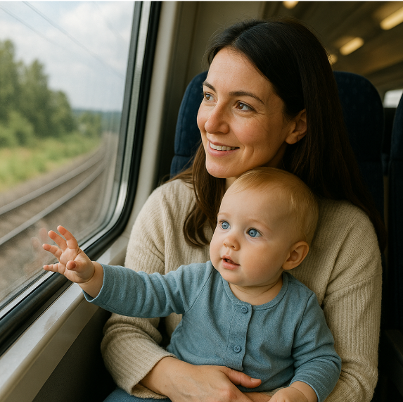 엄마가 아기와 함께 기차에 앉아 창밖을 바라 보고 있다.