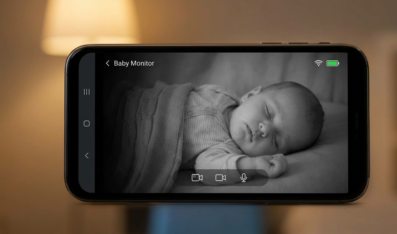 스마트폰 화면을 통해 야간 투시 기능으로 잠든 아기를 확인하는 모습