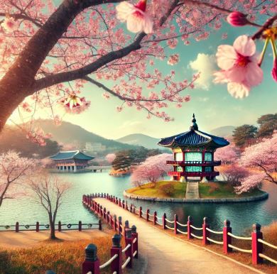 한국의 벚꽃과 정자 경치