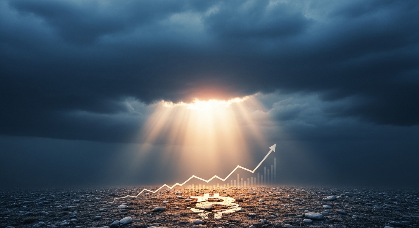 폭풍우가 지나간 뒤 굳건해진 땅 위로 햇살이 비추는 모습. 위기를 극복하고 더욱 단단해진 네이버-두나무 합병 법인의 회복탄력성과 미래 성장 가능성을 상징.