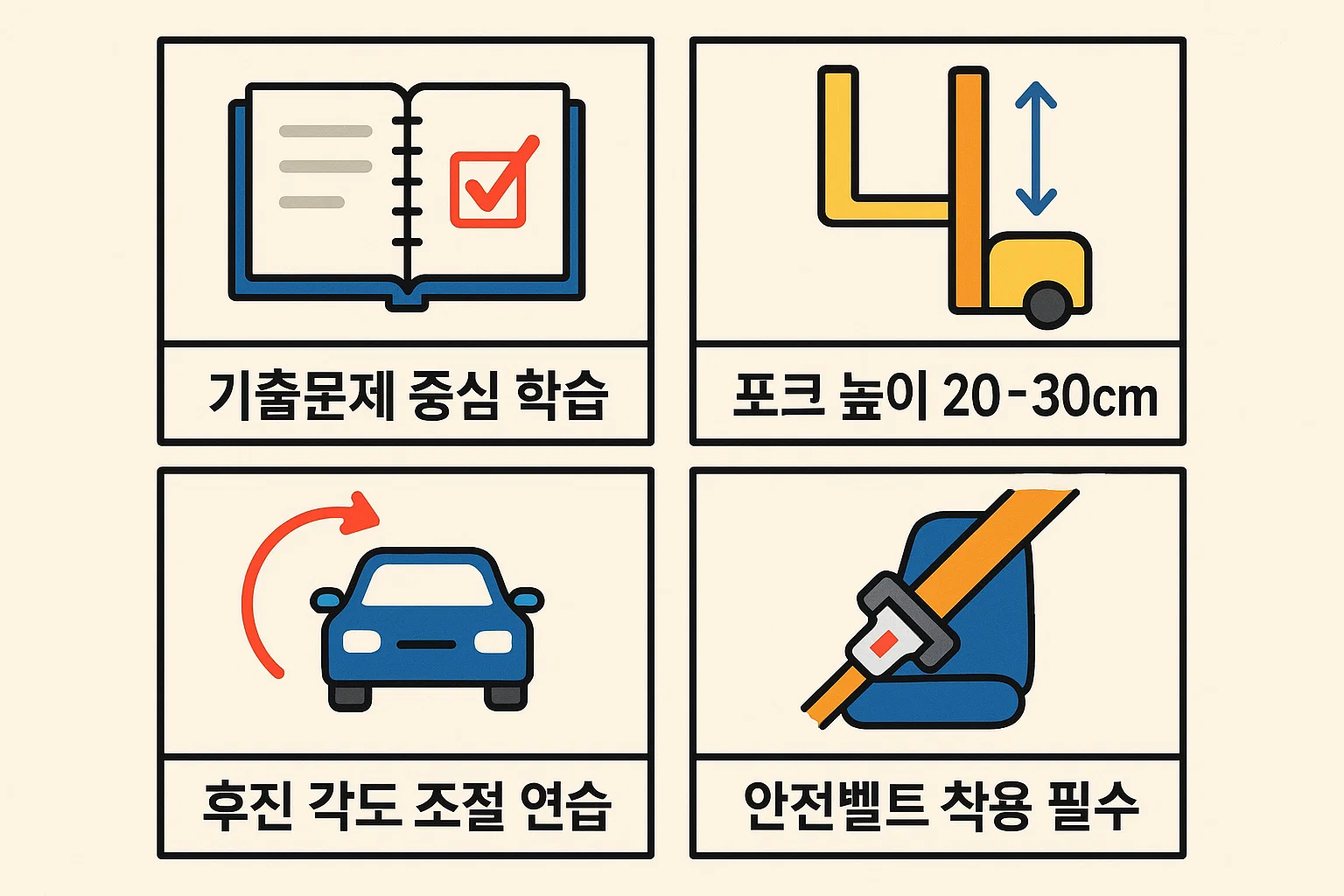기출문제 중심 학습, 포크 높이 조절, 후진 각도 조정, 안전벨트 착용 등 지게차운전기능사 실기 시험 준비 핵심 전략을 정리한 인포그래픽. 합격률을 높이기 위한 실전 대비 요약 이미지.