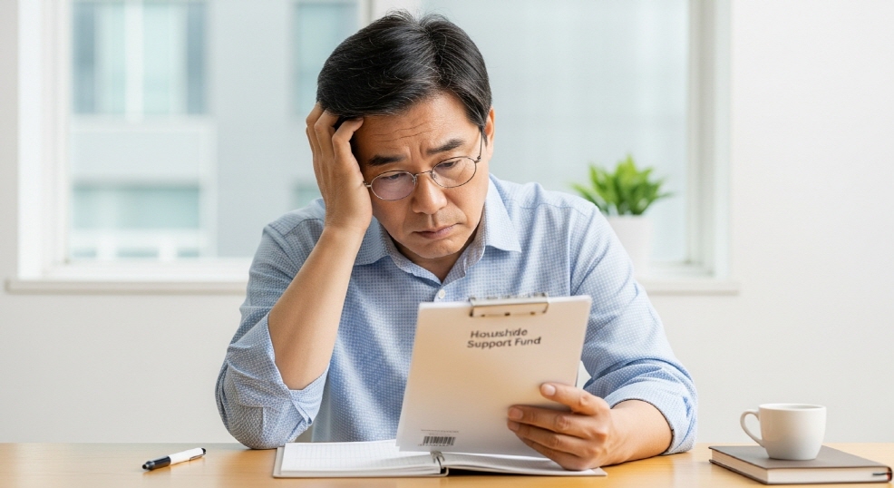 가계부를 앞에 두고 고민하는 중년 남성