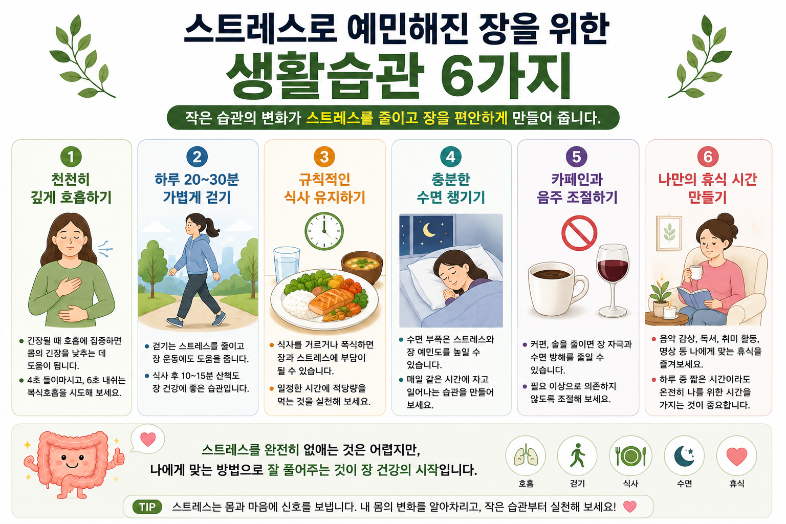 예민한 장을 위한 호흡 걷기 식사 수면 휴식 생활 관리 예시