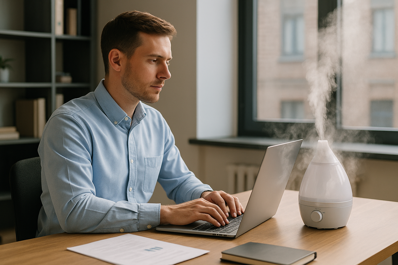 습도 조절을 위해 가습기를 틀고 바른 자세로 업무 중인 직장인