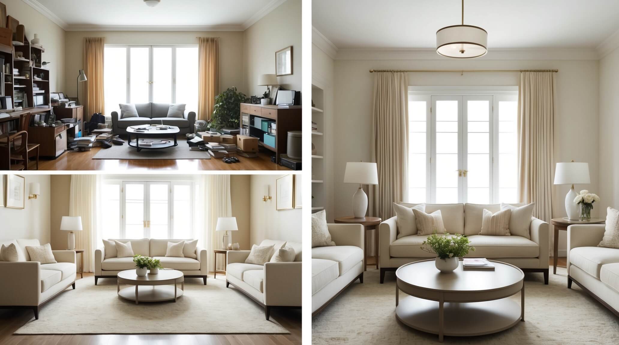 "미니멀 라이프 정리 전후 비교 - 정리되지 않은 공간과 깔끔한 공간 비교"