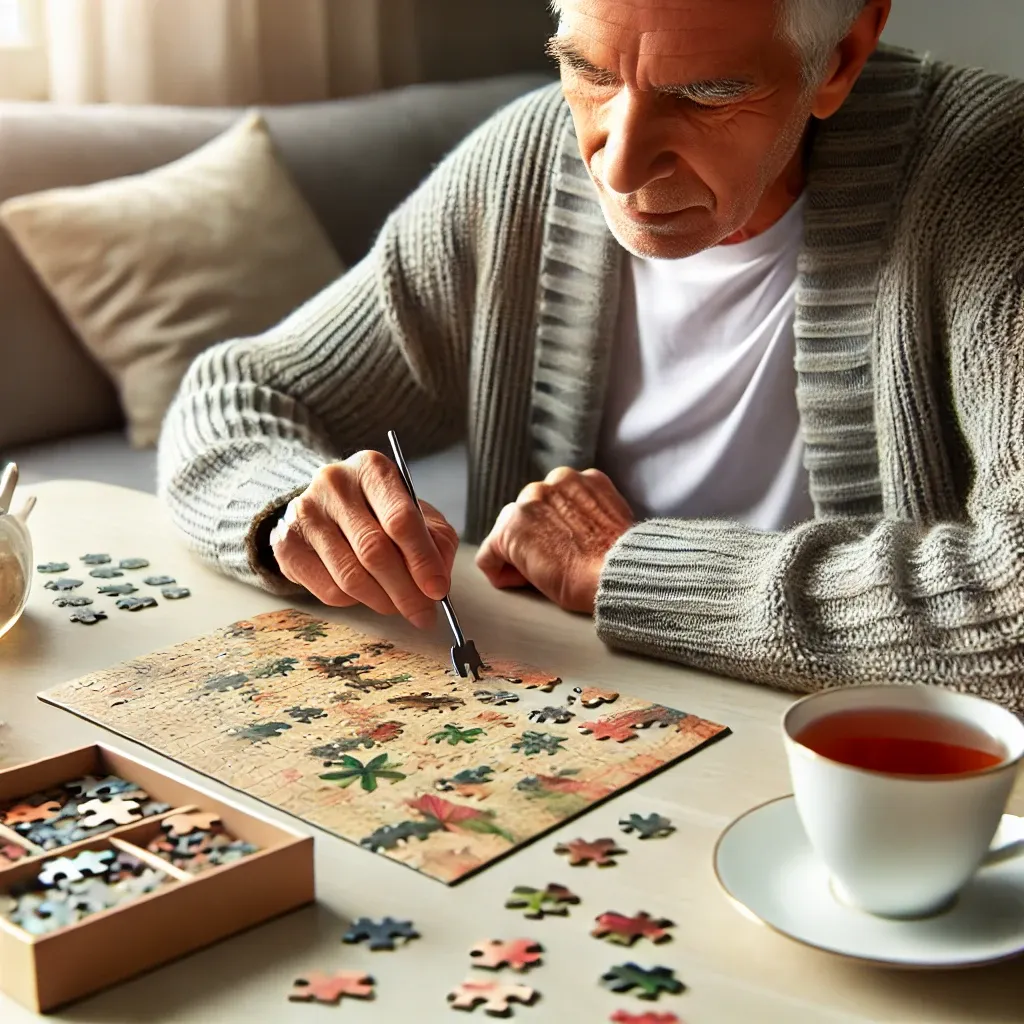 치매 예방을 위해 퍼즐을 풀고 있는 노인&amp;#44; 평온하고 밝은 환경에서 인지 활동을 통해 정신 자극을 유지하는 장면