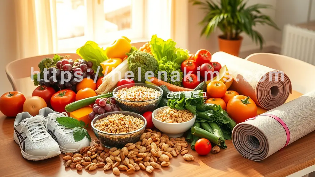 신선한 채소, 과일, 통곡물, 건강한 견과류로 가득 채워진 식탁. 그 옆에는 가벼운 운동화와 요가 매트가 놓여 있어 건강한 식단과 규칙적인 운동이 조화로운 생활 모습.