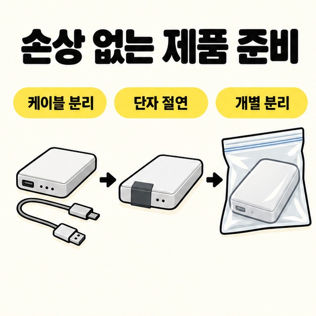 손상 없는 보조배터리의 케이블 분리, 외부 단자 절연, 개별 봉투 분리를 보여주는 준비 순서