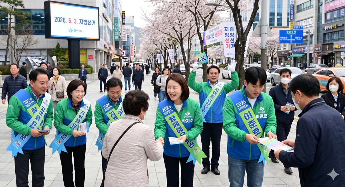 2026년 지방선거 홍보 어깨띠를 두르고 시민들에게 인사하는 선거운동원들
