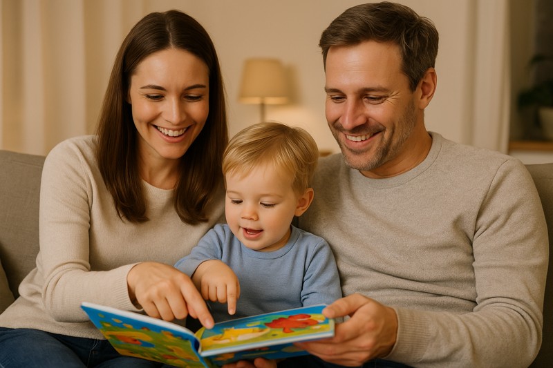 소파에 나란히 앉은 부모와 어린아이가 그림책을 함께 읽으며 웃고 있는 모습. 아이는 책을 가리키고, 부모는 따뜻하게 바라보며 책을 넘기고 있다