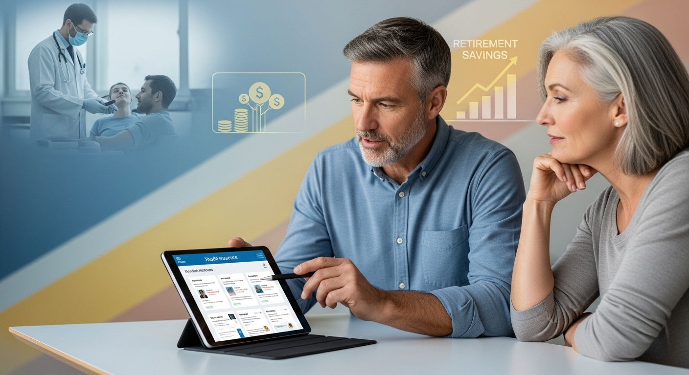 50대 부부가 태블릿으로 건강 보험 정보를 확인하며 노년 의료비 지출에 대비하는 모습. 체계적인 건강 관리를 강조.