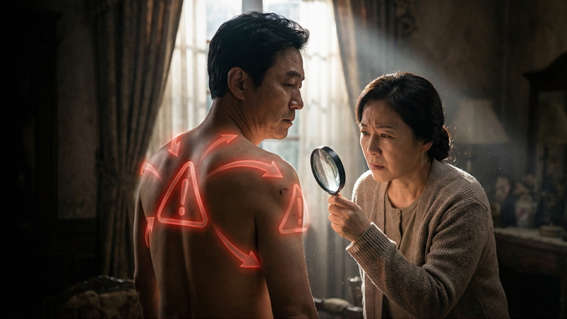 중년 남성이 등과 복부에 통증을 느끼며 걱정하는 모습. 50대 이상 중장년층에게 암 초기 통증 신호를 놓치지 말라는 경고 메시지.