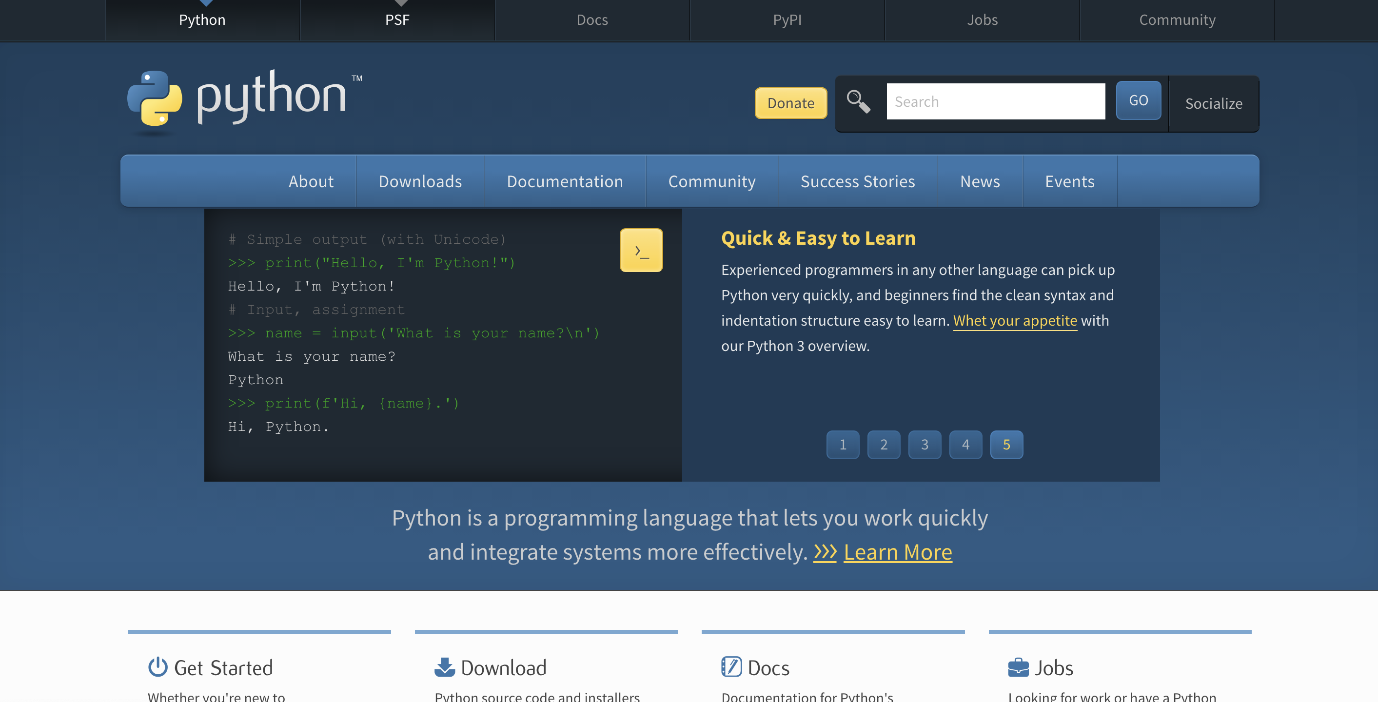 파이썬 공식 웹사이트 초기 화면