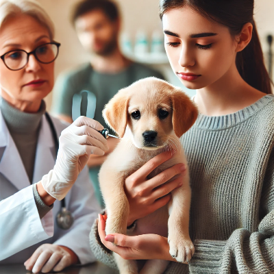 병원에 간 주인과 리트리버 강아지