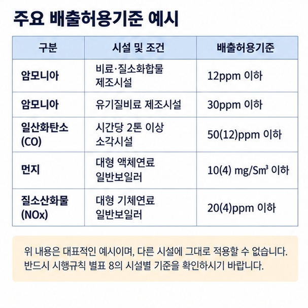 암모니아 일산화탄소 먼지 질소산화물의 시설별 배출허용기준 예시를 표로 비교한 이미지