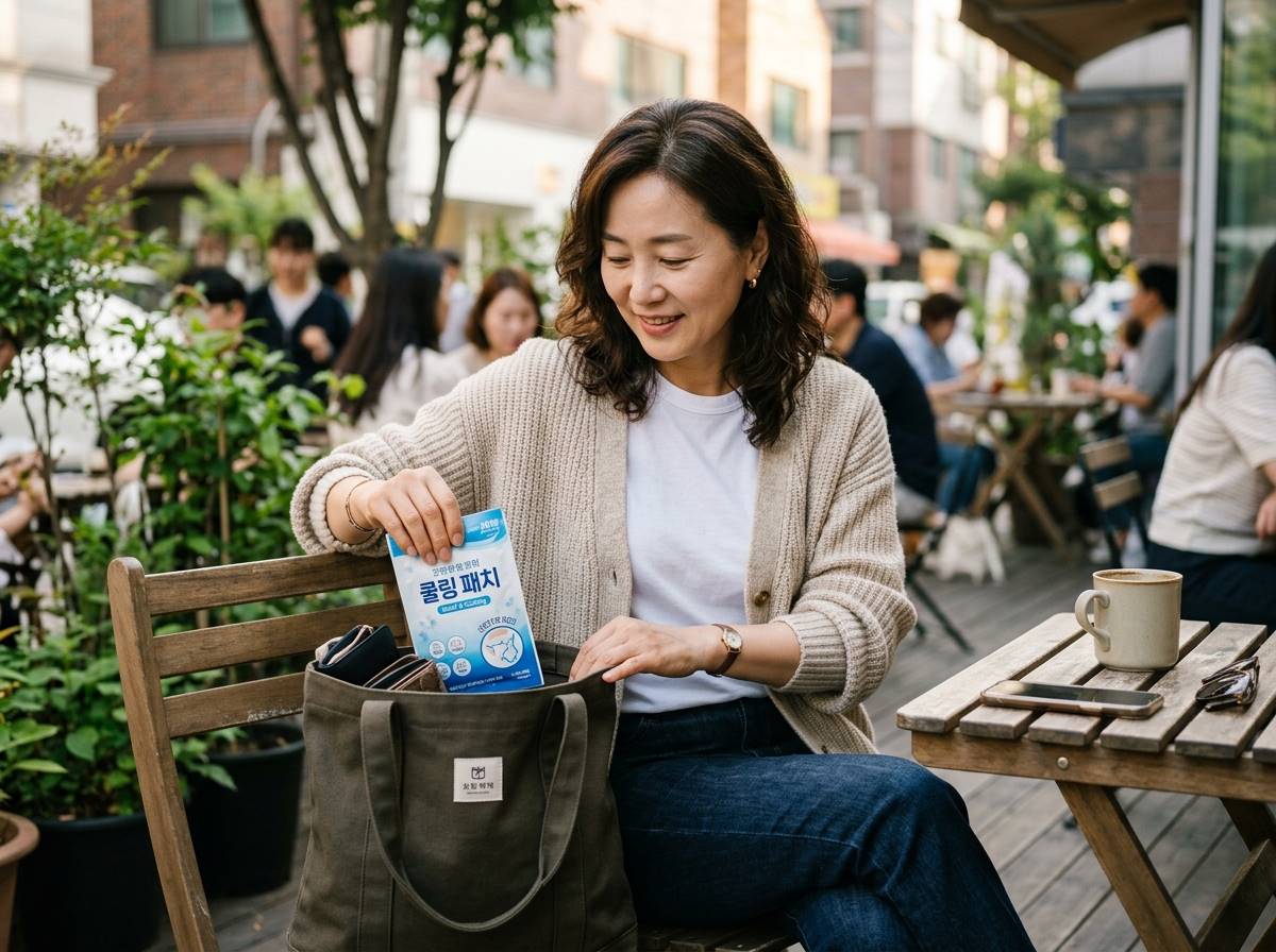 세련된 카디건과 면 티셔츠를 겹쳐 입은 여성이 가방에서 냉각 패치를 꺼내는 모습
