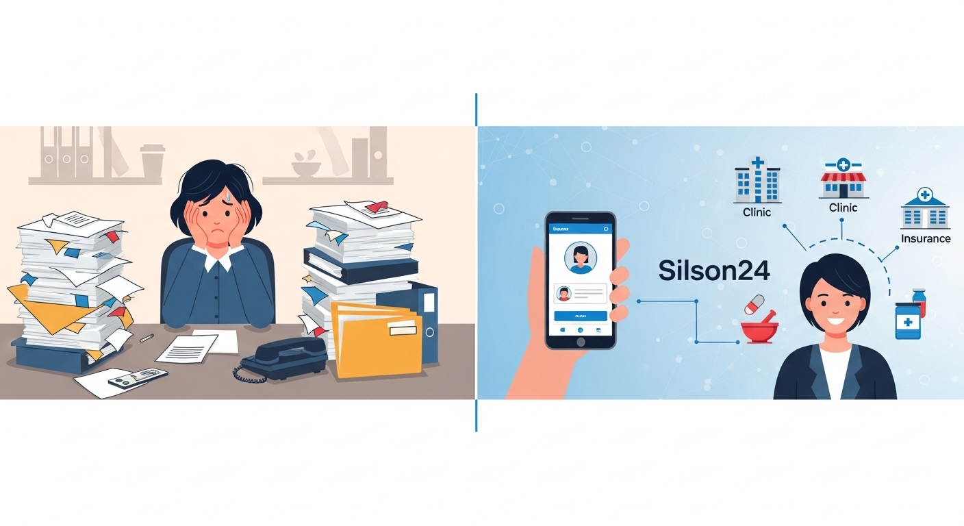 복잡한 종이 서류 기반 실손보험 청구 과정과 스마트폰으로 간편해진 '실손24' 디지털 청구 과정을 비교하는 인포그래픽.