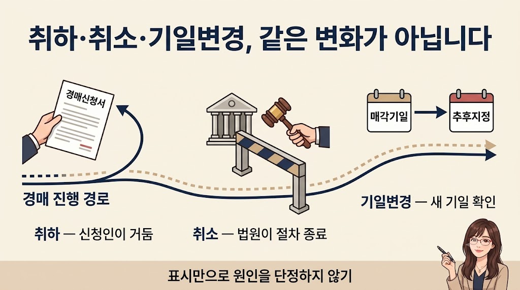 취하&middot;취소&middot;기일변경 진행 경로 인포그래픽