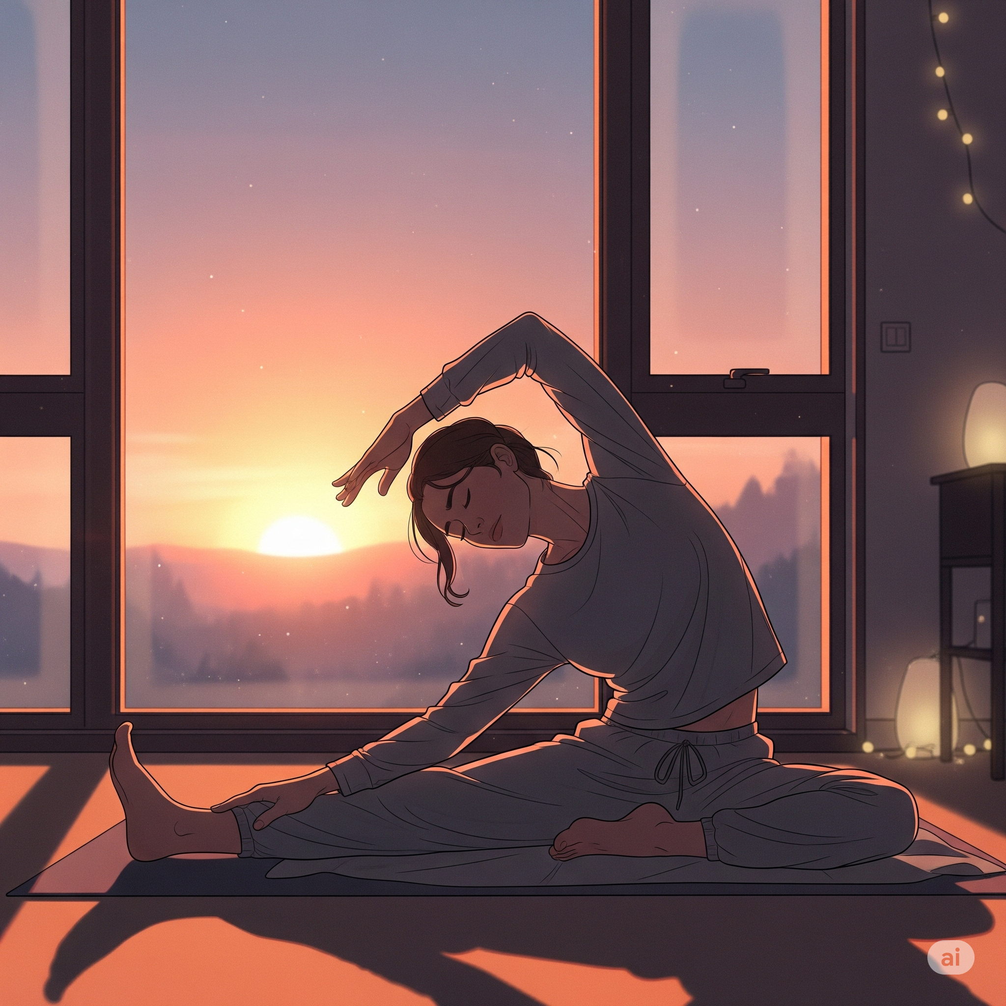 아침 햇살과 저녁 노을을 배경으로 운동하는 사람들의 모습