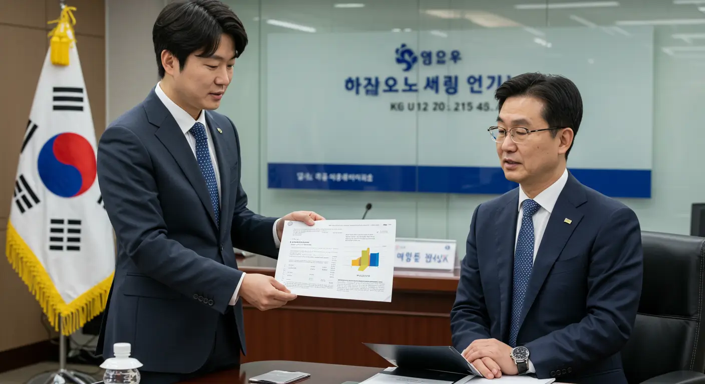 은행 기업금융부에서 자신의 주택매매사업계획서를 발표하는 한국인 사업가