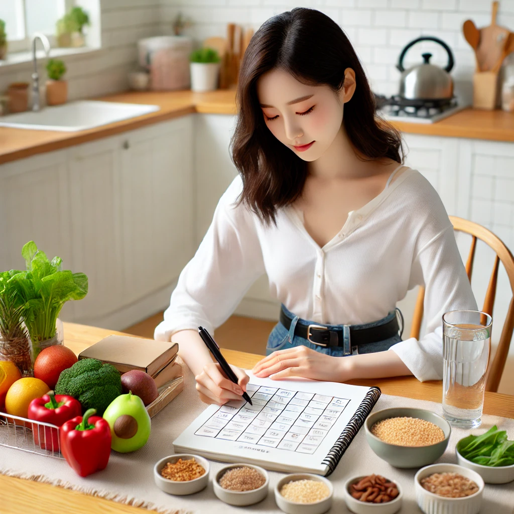 식탁에서 노트북과 건강한 식품을 활용해 식단을 계획하는 젊은 여성