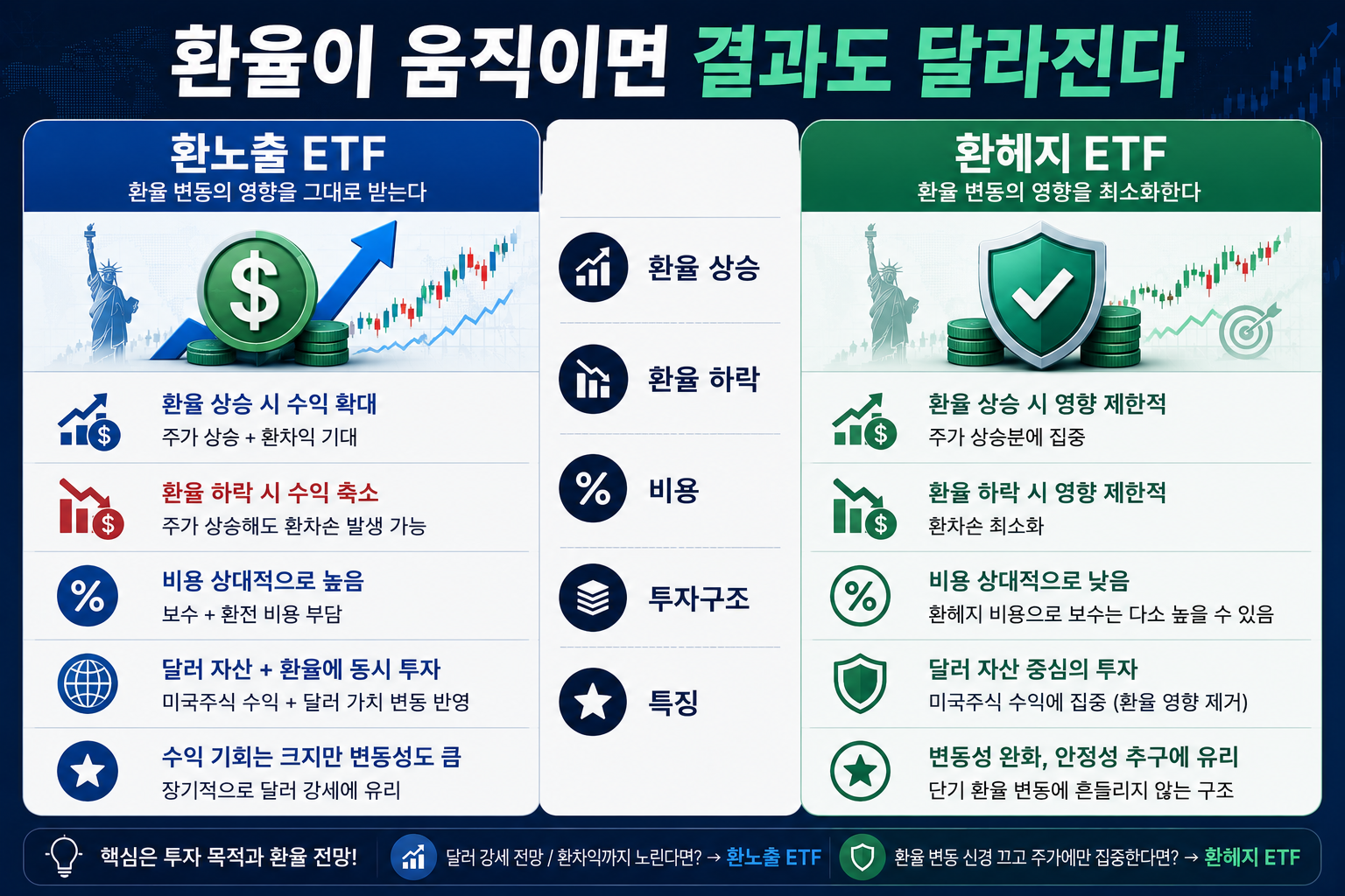 환노출 ETF와 환헤지 ETF의 환율 상승 하락 시 투자성과 차이를 비교한 이미지