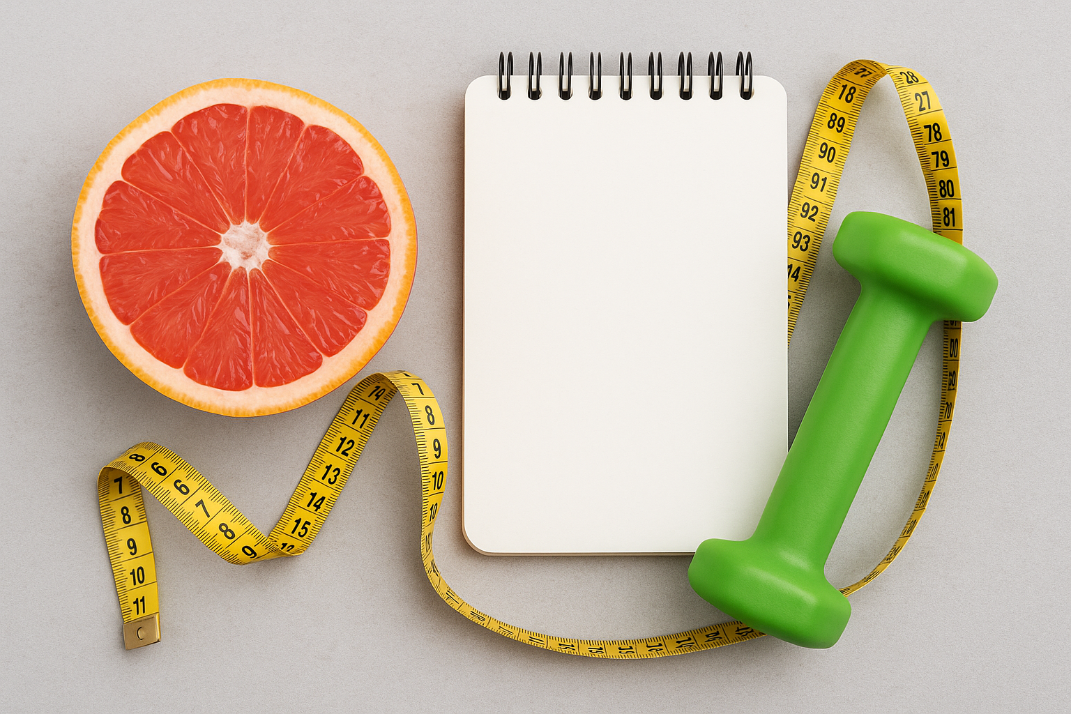 건강과 다이어트를 상징하는 소품들 - 자몽 반쪽, 초록색 아령, 나선형 노트, 노란색 줄자가 조화롭게 배치되어 있는 사진