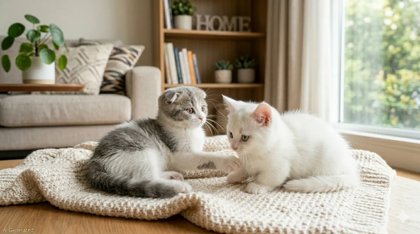 고양이 입양 후 적응 중인 하얀색 먼치킨과 회색 무늬 스코티쉬폴드