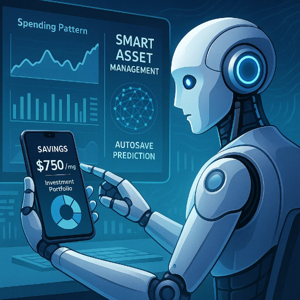 스마트 자산 관리를 수행하는 로봇이 자동저축 앱 화면을 분석하는 장면